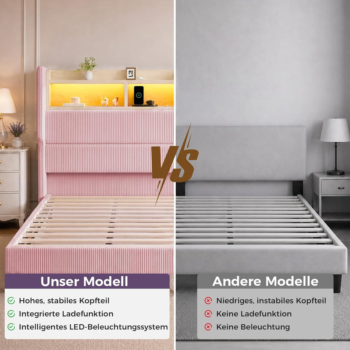 BR24 Polsterbett mit Lattenrost, Smart LED Steckdose Cord Bett mit Stauraum
