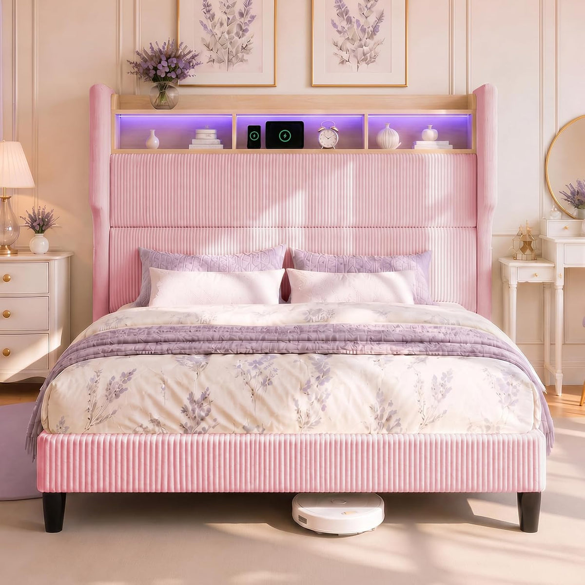 BR24 Polsterbett mit Lattenrost, Smart LED Steckdose Cord Bett mit Stauraum