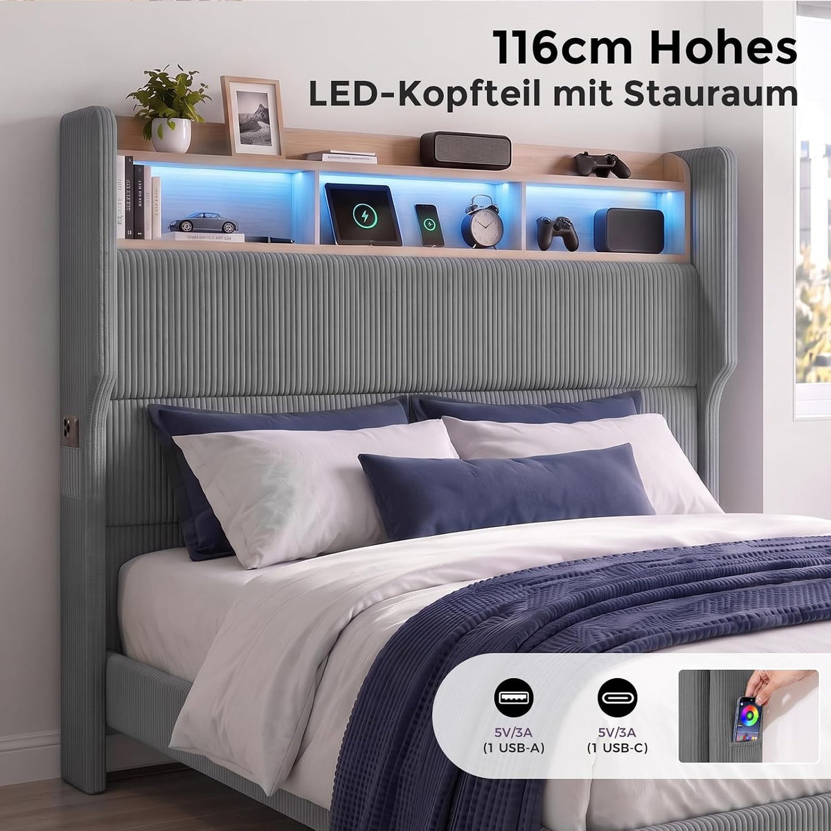BR24 Polsterbett mit Lattenrost, Smart LED Steckdose Cord Bett mit Stauraum