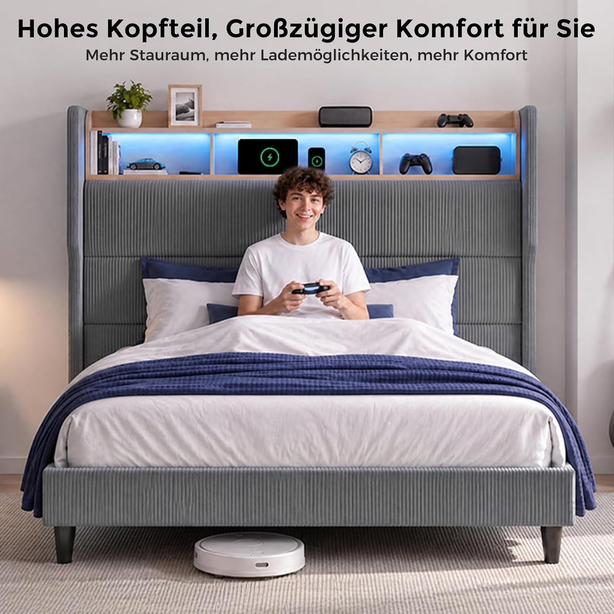 BR24 Polsterbett mit Lattenrost, Smart LED Steckdose Cord Bett mit Stauraum