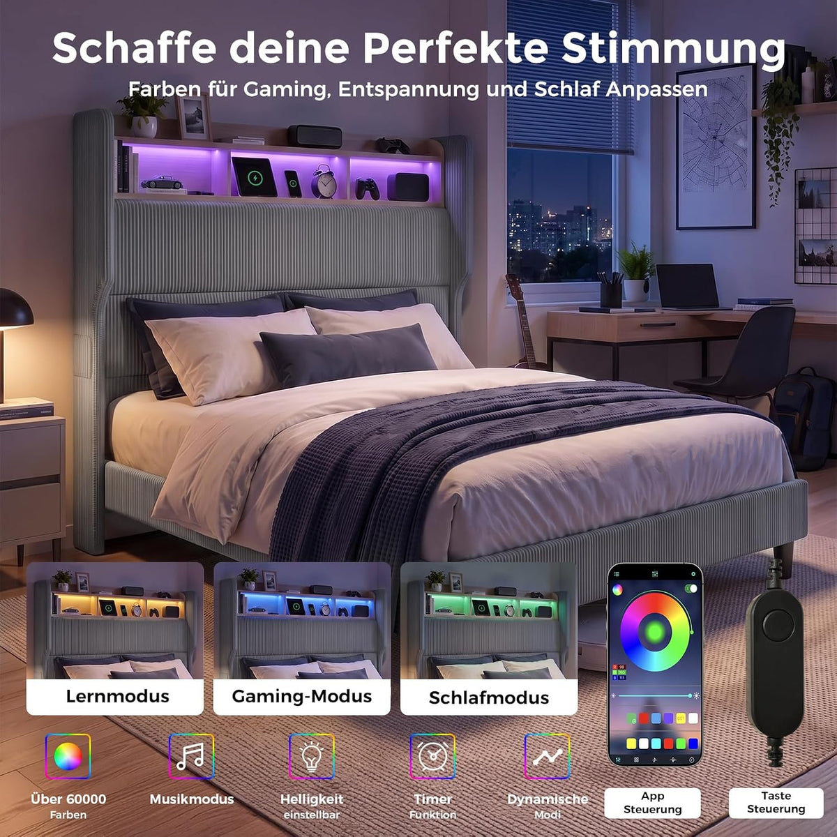 BR24 Polsterbett mit Lattenrost, Smart LED Steckdose Cord Bett mit Stauraum