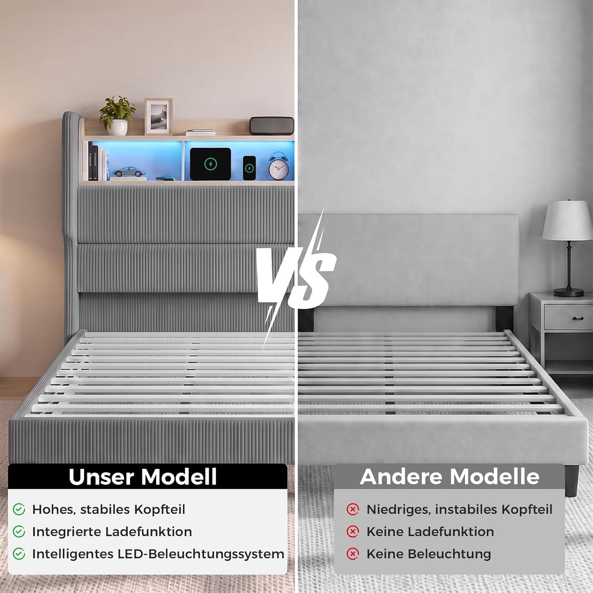 BR24 Polsterbett mit Lattenrost, Smart LED Steckdose Cord Bett mit Stauraum