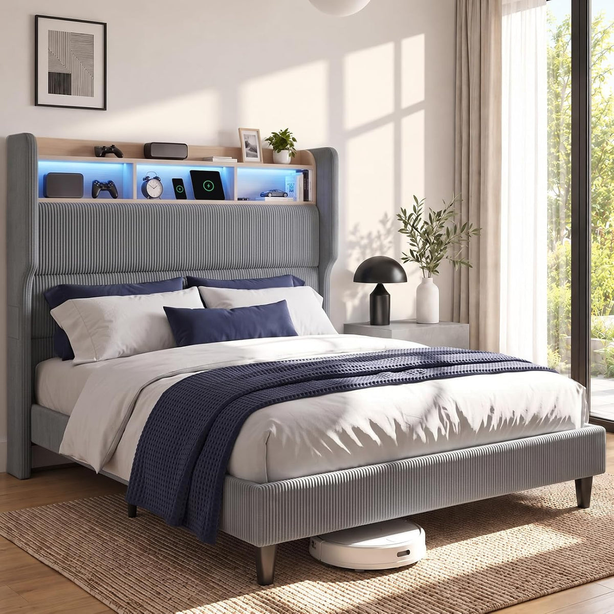 BR24 Polsterbett mit Lattenrost, Smart LED Steckdose Cord Bett mit Stauraum