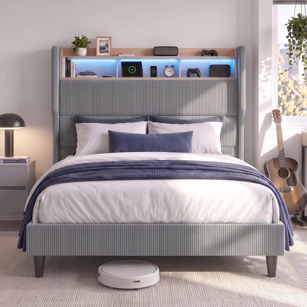 BR24 Polsterbett mit Lattenrost, Smart LED Steckdose Cord Bett mit Stauraum
