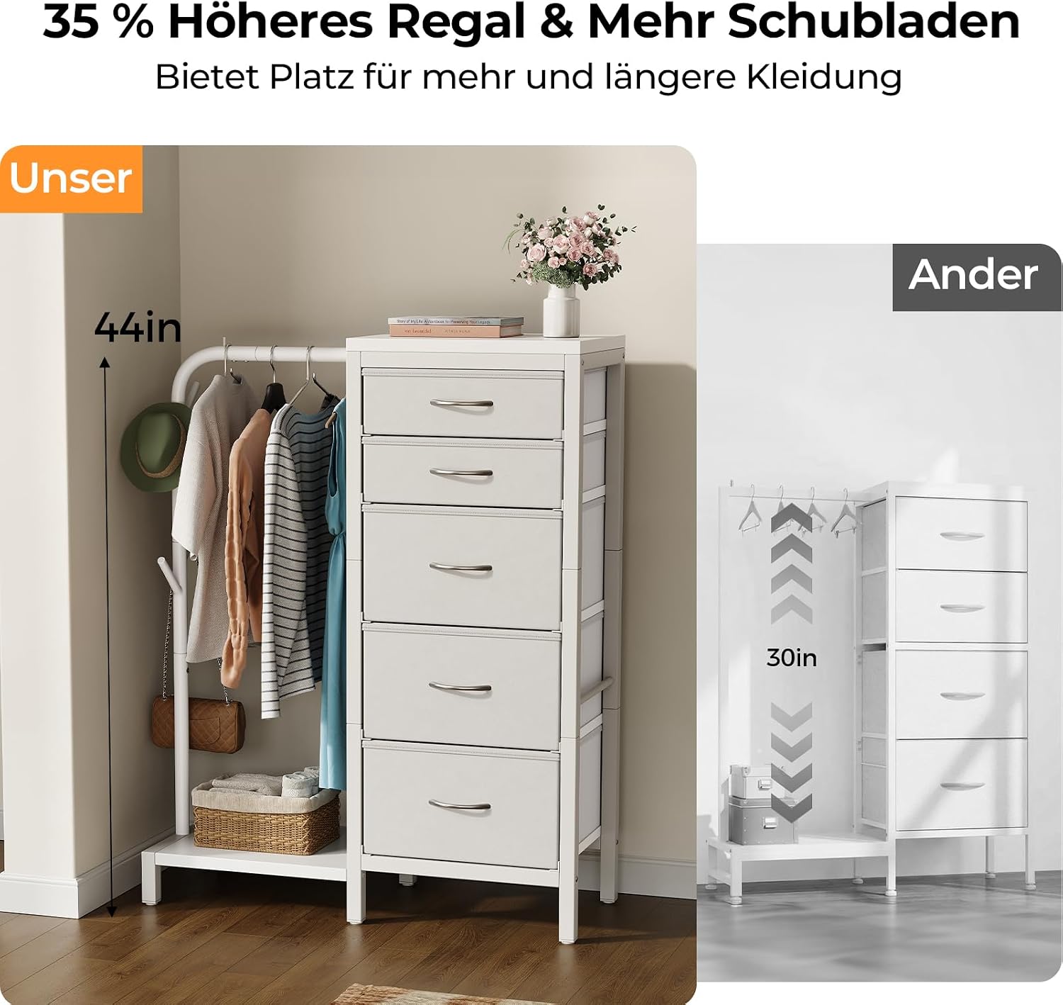 BT01 Kleiderständer mit Kommode, 3-in-1 Platzsparender Garderobenständer mit 5 Schubladen