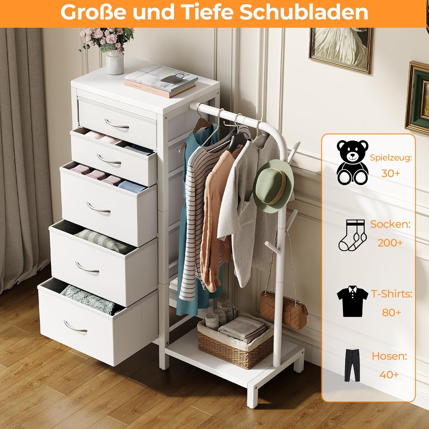 BT01 Kleiderständer mit Kommode, 3-in-1 Platzsparender Garderobenständer mit 5 Schubladen