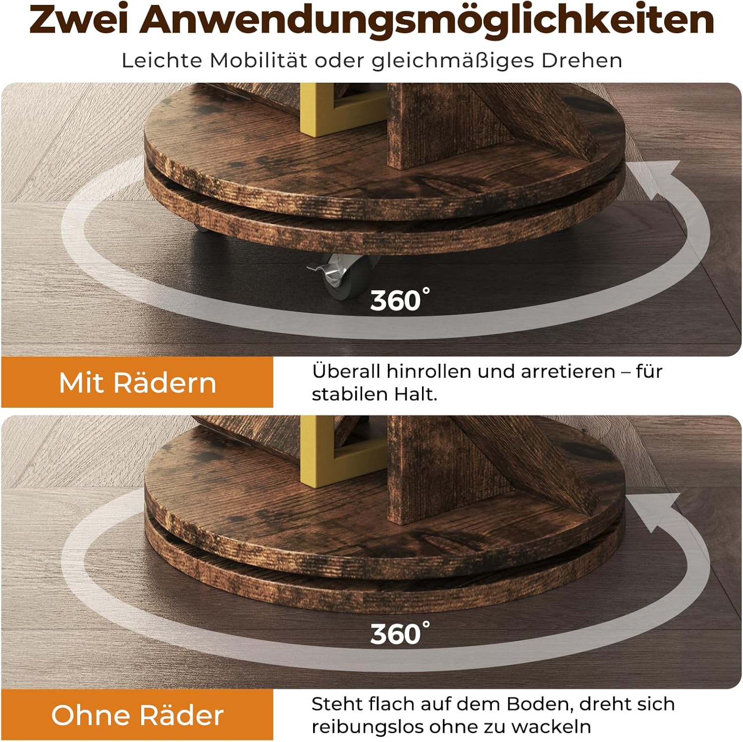 FTMSJ01 Bücherregal drehbar Baumform mehrstöckig fahrbar 40x40cm Standregal Holz