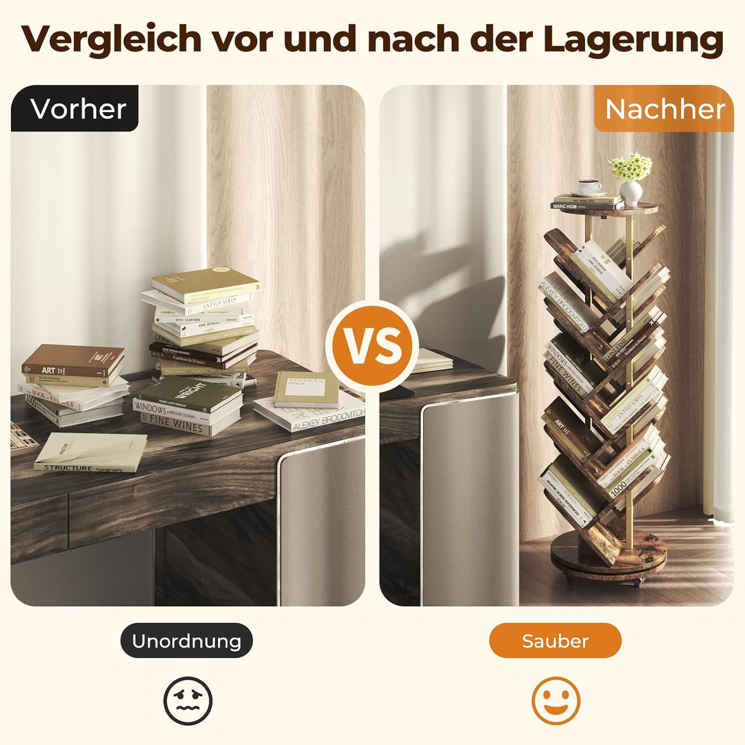 FTMSJ01 Bücherregal drehbar Baumform mehrstöckig fahrbar 40x40cm Standregal Holz