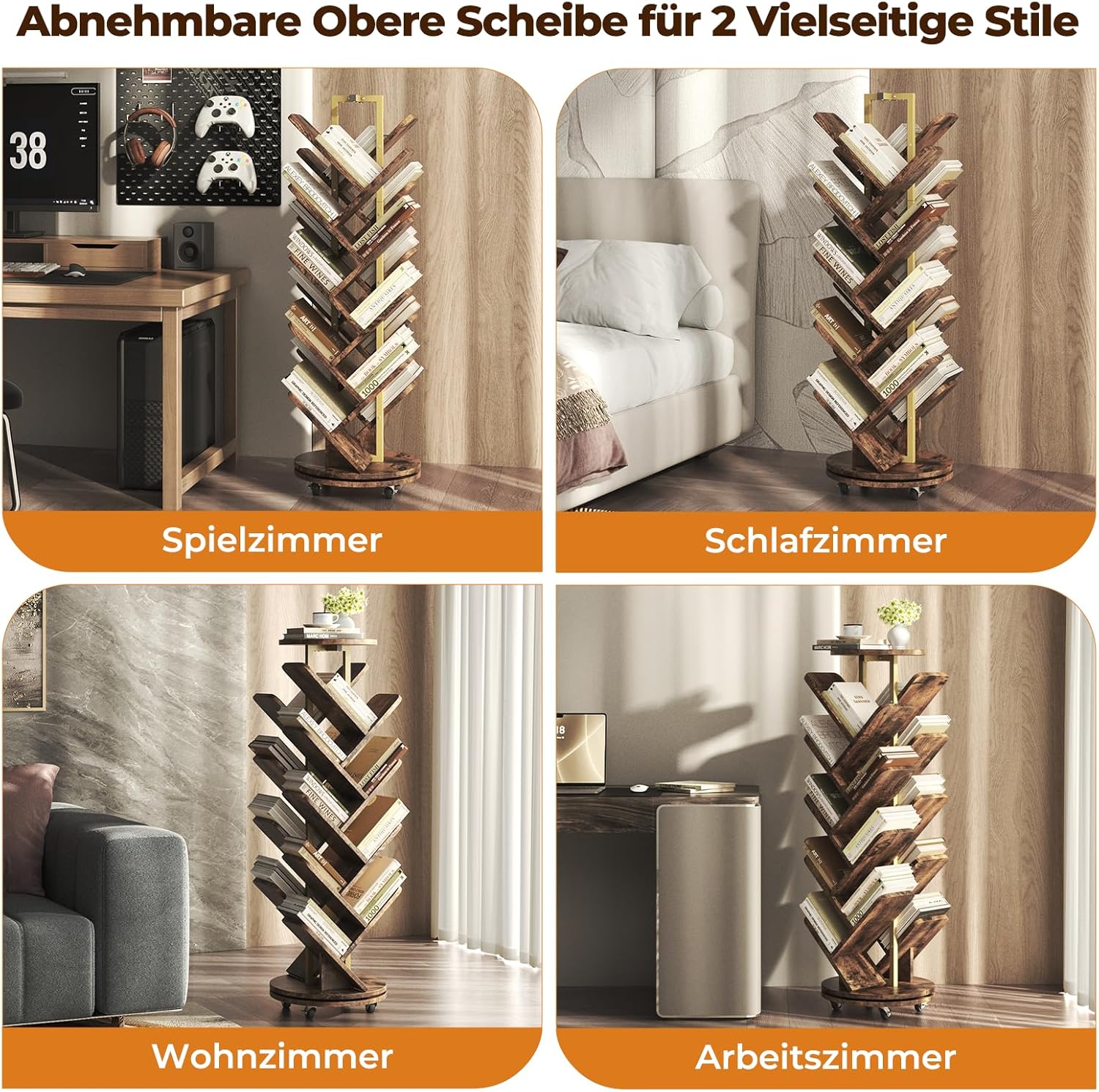 FTMSJ01 Bücherregal drehbar Baumform mehrstöckig fahrbar 40x40cm Standregal Holz