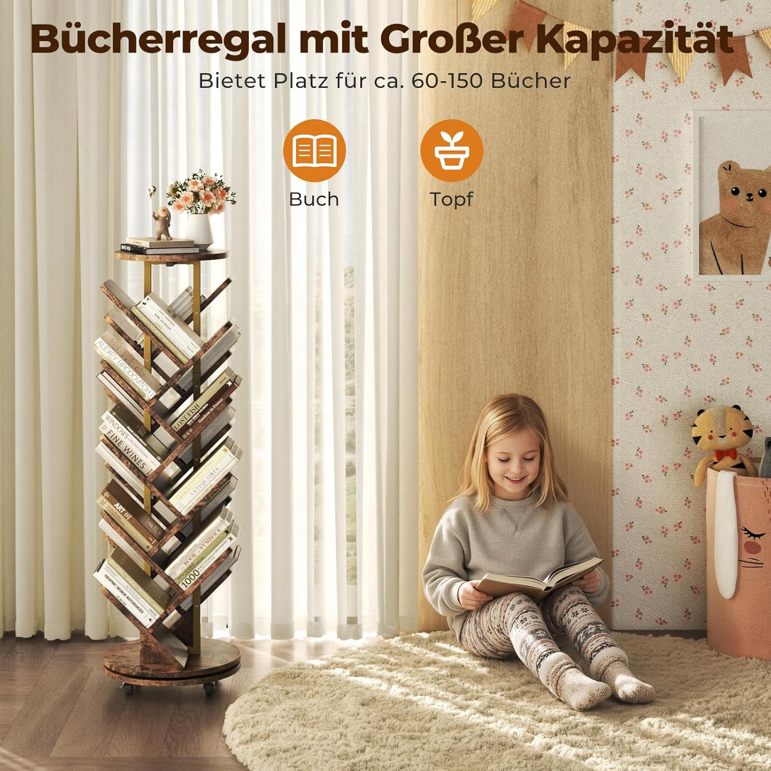 FTMSJ01 Bücherregal drehbar Baumform mehrstöckig fahrbar 40x40cm Standregal Holz