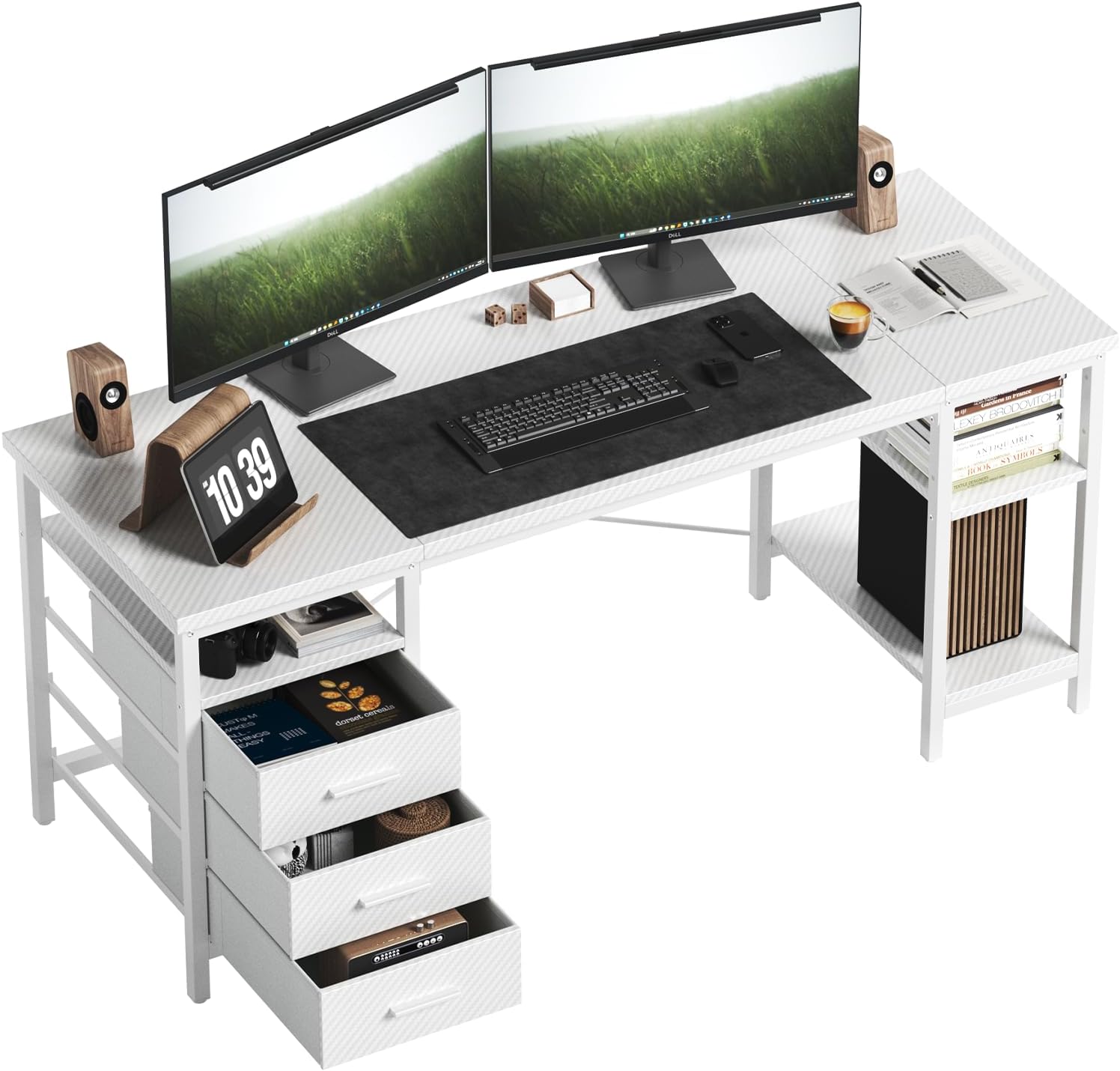 FTMZZ01 Schreibtisch mit Regal 120-160cm 3 Schubladen umkehrbar Computertisch Bürotisch