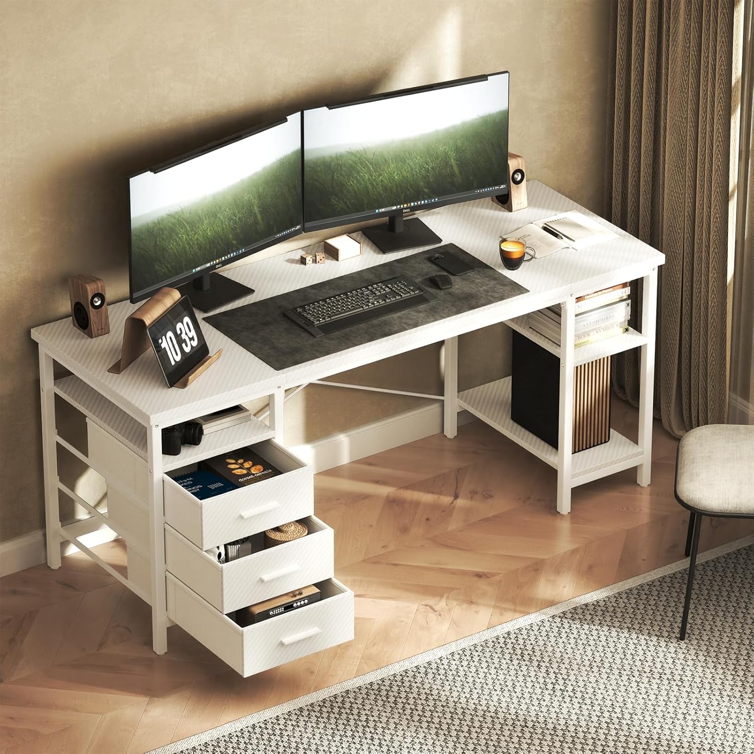 FTMZZ01 Schreibtisch mit Regal 120-160cm 3 Schubladen umkehrbar Computertisch Bürotisch