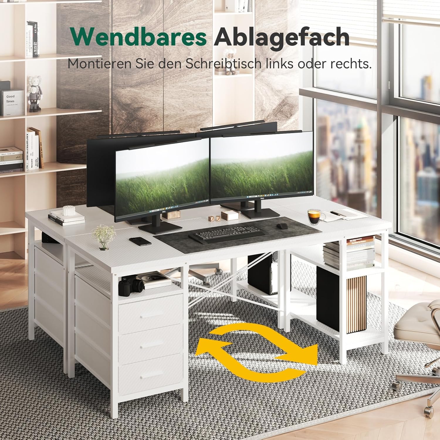 FTMZZ01 Schreibtisch mit Regal 120-160cm 3 Schubladen umkehrbar Computertisch Bürotisch