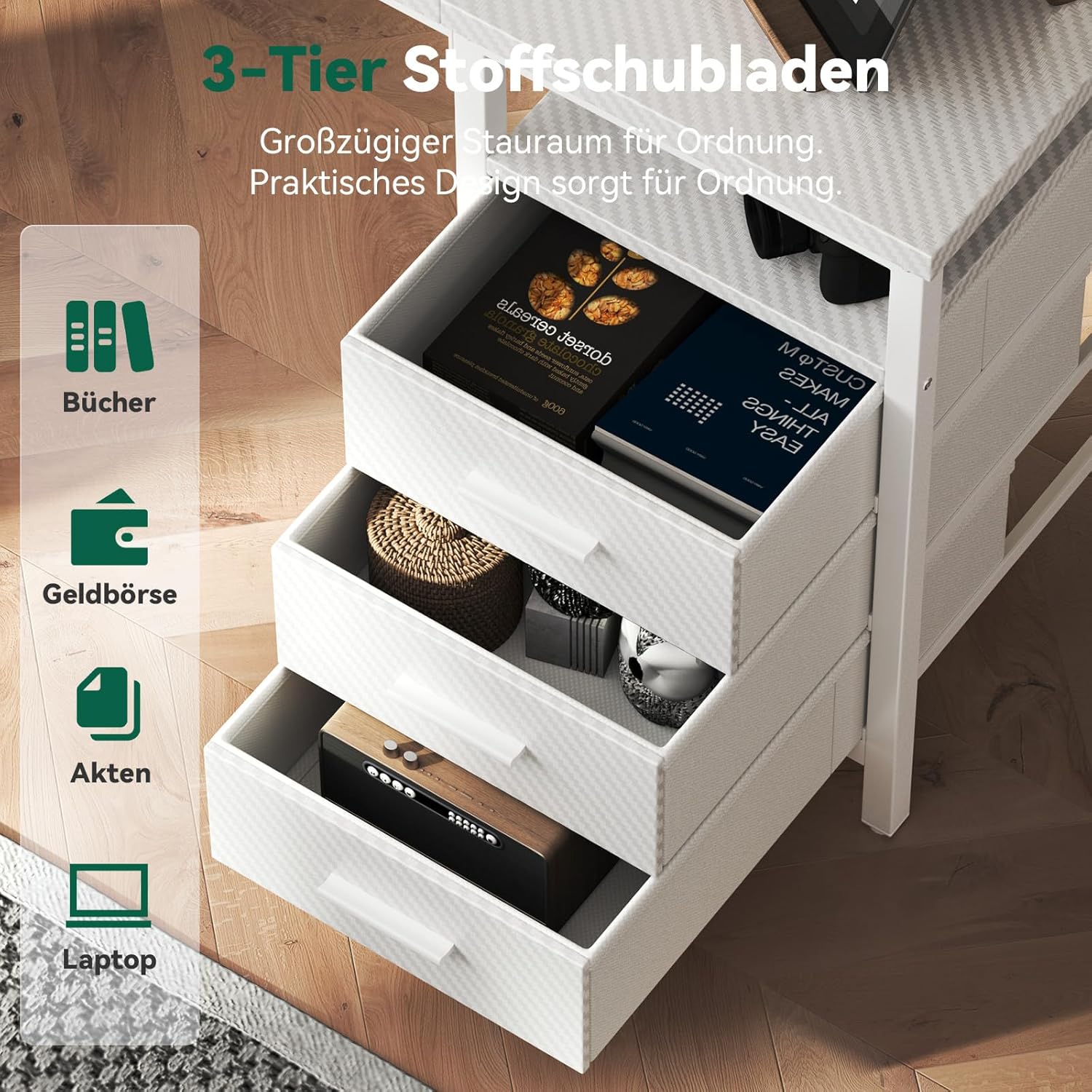 FTMZZ01 Schreibtisch mit Regal 120-160cm 3 Schubladen umkehrbar Computertisch Bürotisch
