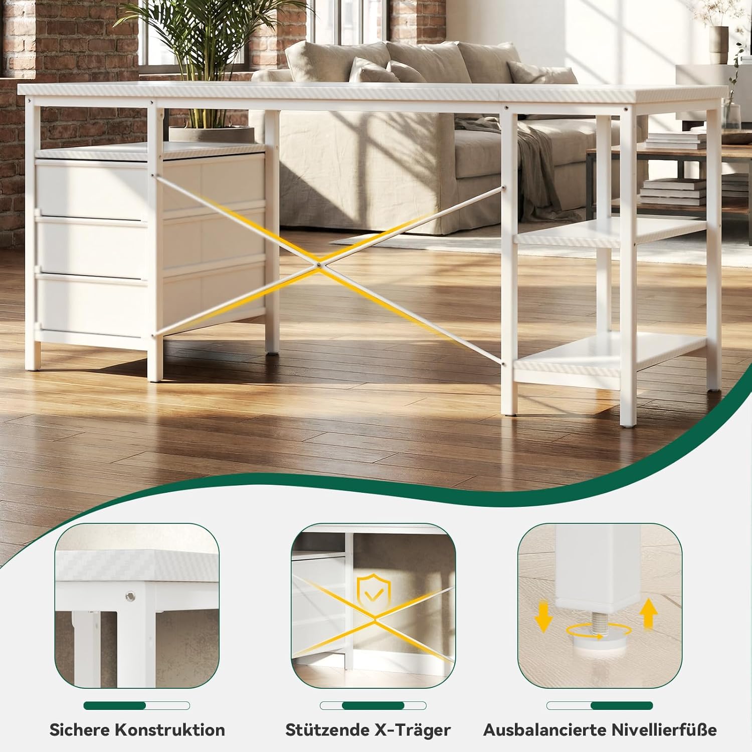 FTMZZ01 Schreibtisch mit Regal 120-160cm 3 Schubladen umkehrbar Computertisch Bürotisch