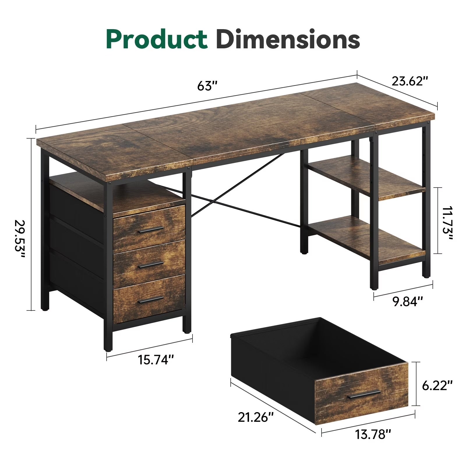 FTMZZ01 Schreibtisch mit Regal 120-160cm 3 Schubladen umkehrbar Computertisch Bürotisch