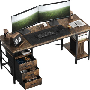 FT01 Schreibtisch mit Regal 120-160cm 3 Schubladen umkehrbar Computertisch Bürotisch