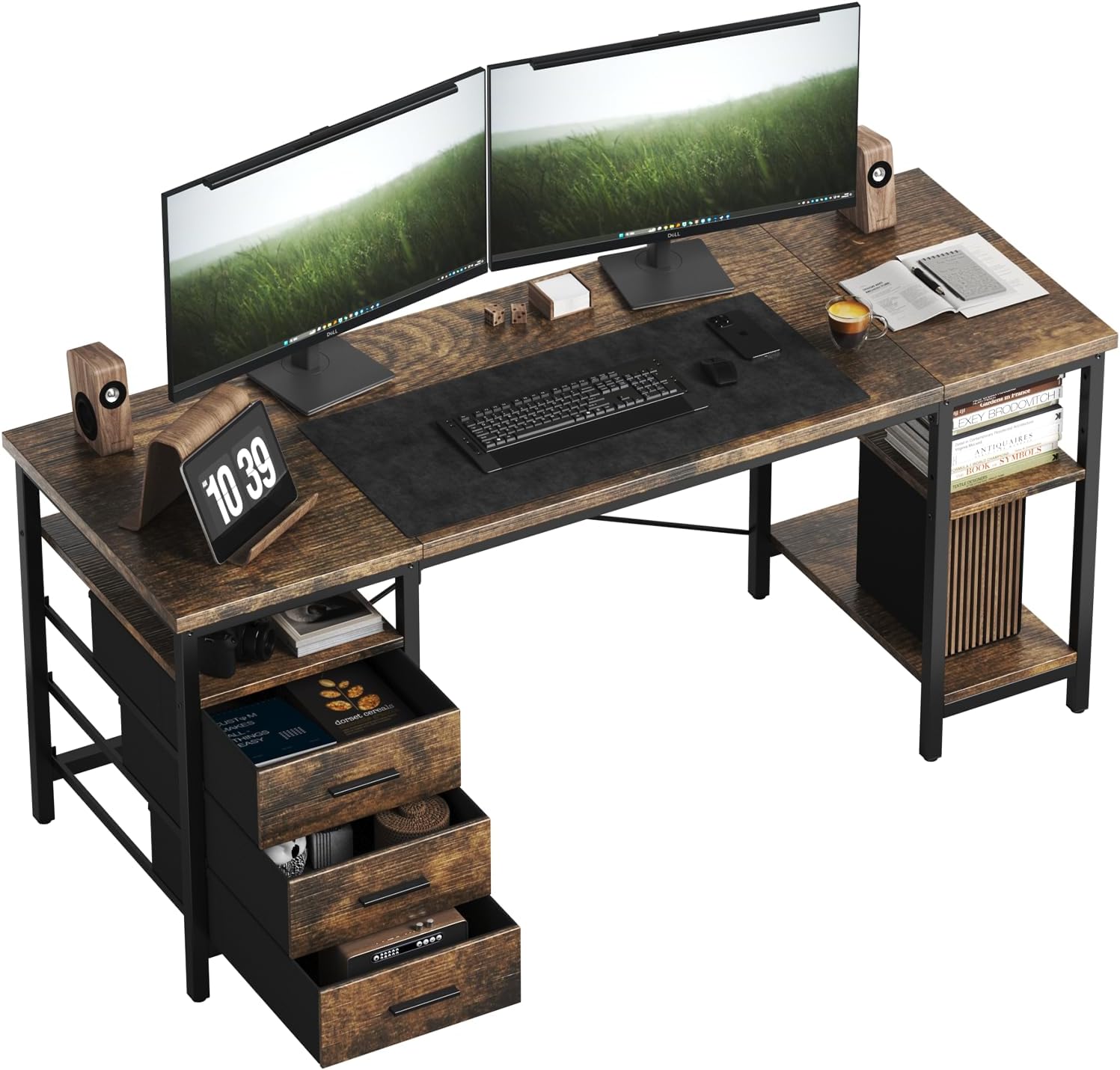 FTMZZ01 Schreibtisch mit Regal 120-160cm 3 Schubladen umkehrbar Computertisch Bürotisch