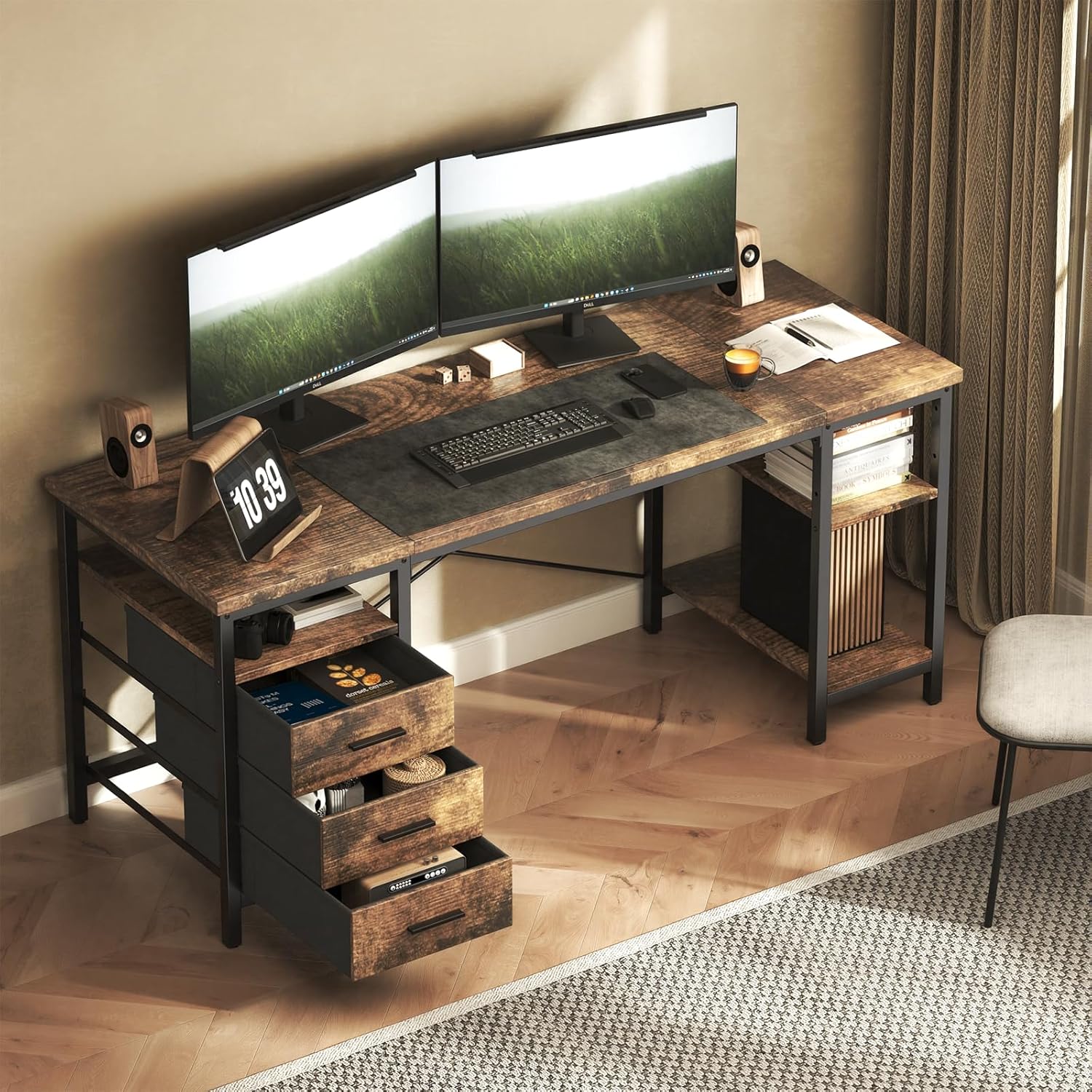 FTMZZ01 Schreibtisch mit Regal 120-160cm 3 Schubladen umkehrbar Computertisch Bürotisch