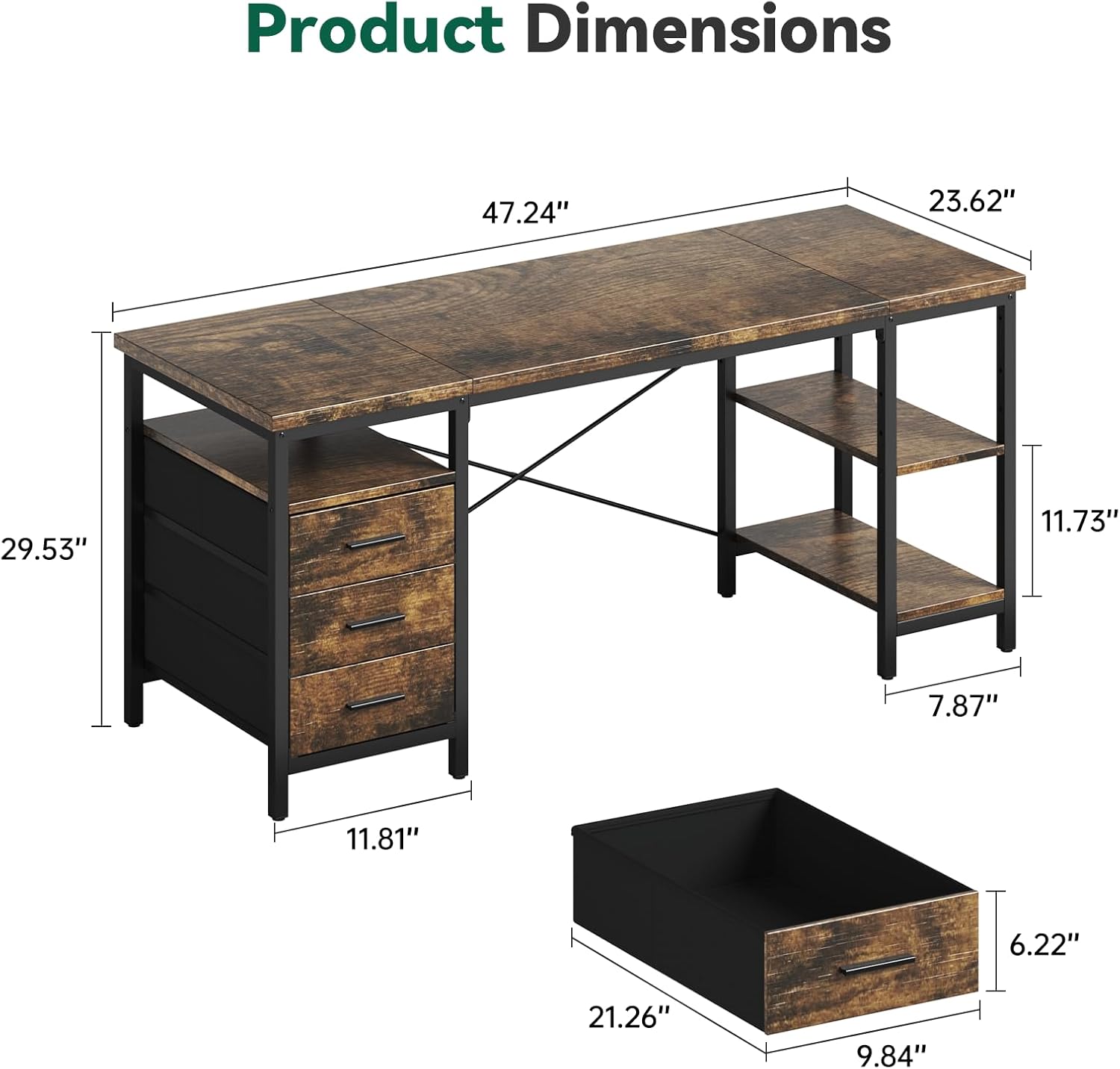 FTMZZ01 Schreibtisch mit Regal 120-160cm 3 Schubladen umkehrbar Computertisch Bürotisch