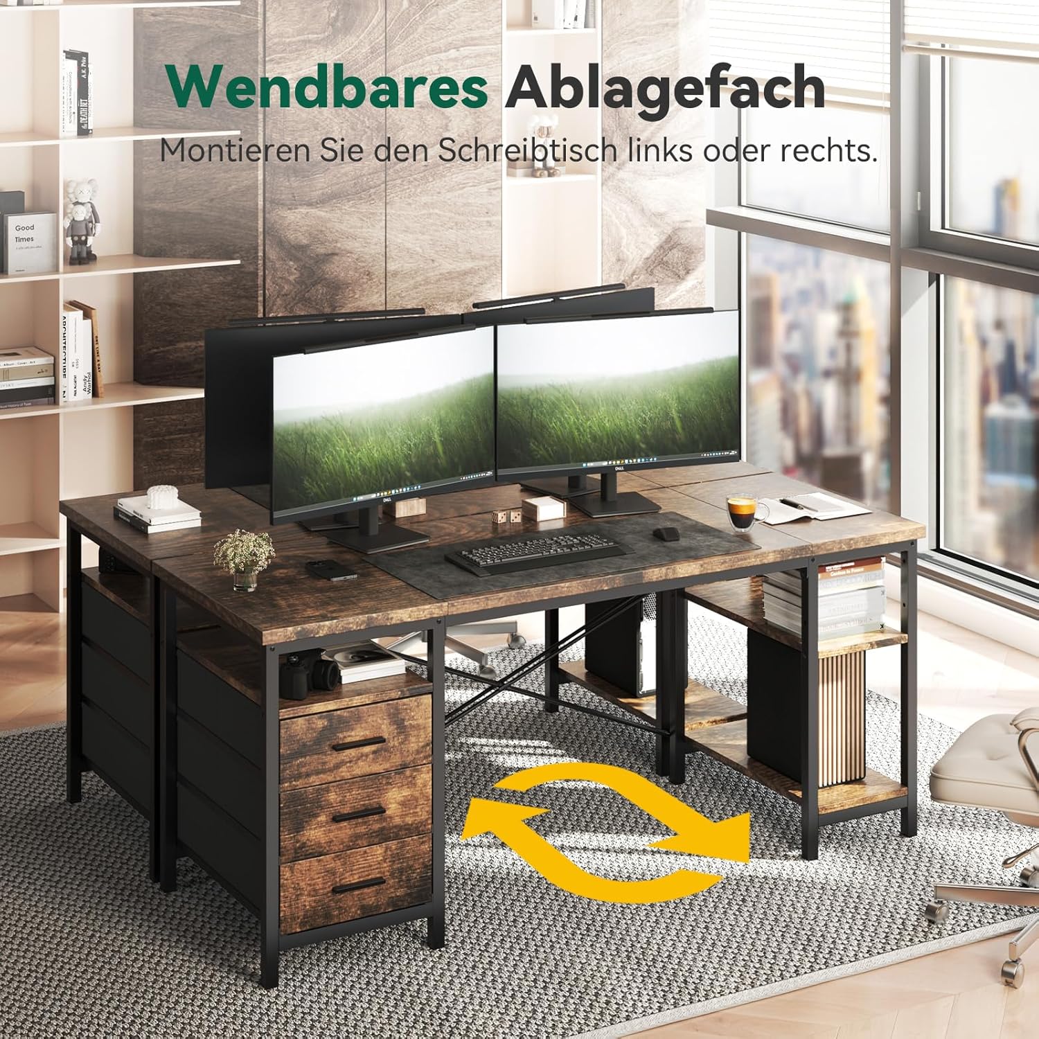 FTMZZ01 Schreibtisch mit Regal 120-160cm 3 Schubladen umkehrbar Computertisch Bürotisch