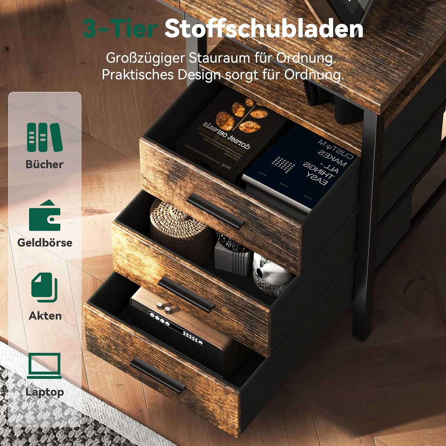 FTMZZ01 Schreibtisch mit Regal 120-160cm 3 Schubladen umkehrbar Computertisch Bürotisch