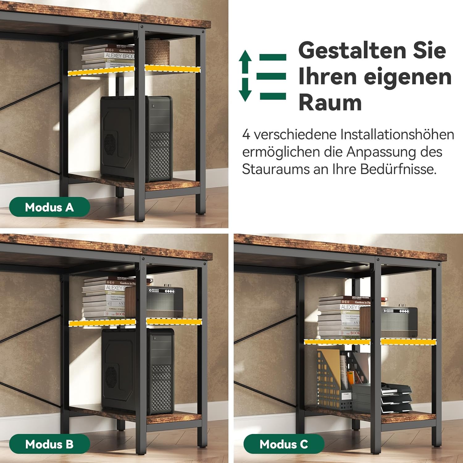 FTMZZ01 Schreibtisch mit Regal 120-160cm 3 Schubladen umkehrbar Computertisch Bürotisch