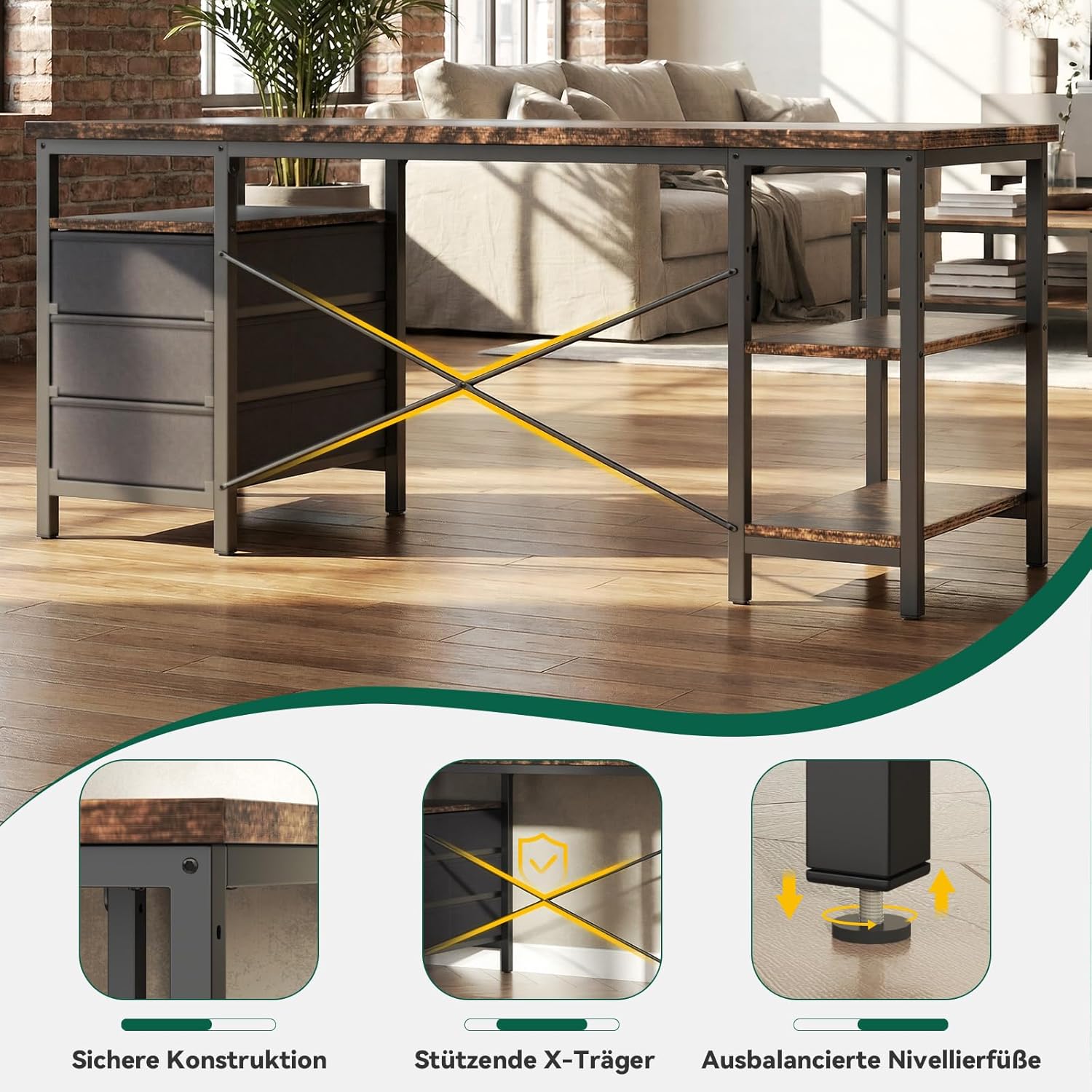 FTMZZ01 Schreibtisch mit Regal 120-160cm 3 Schubladen umkehrbar Computertisch Bürotisch