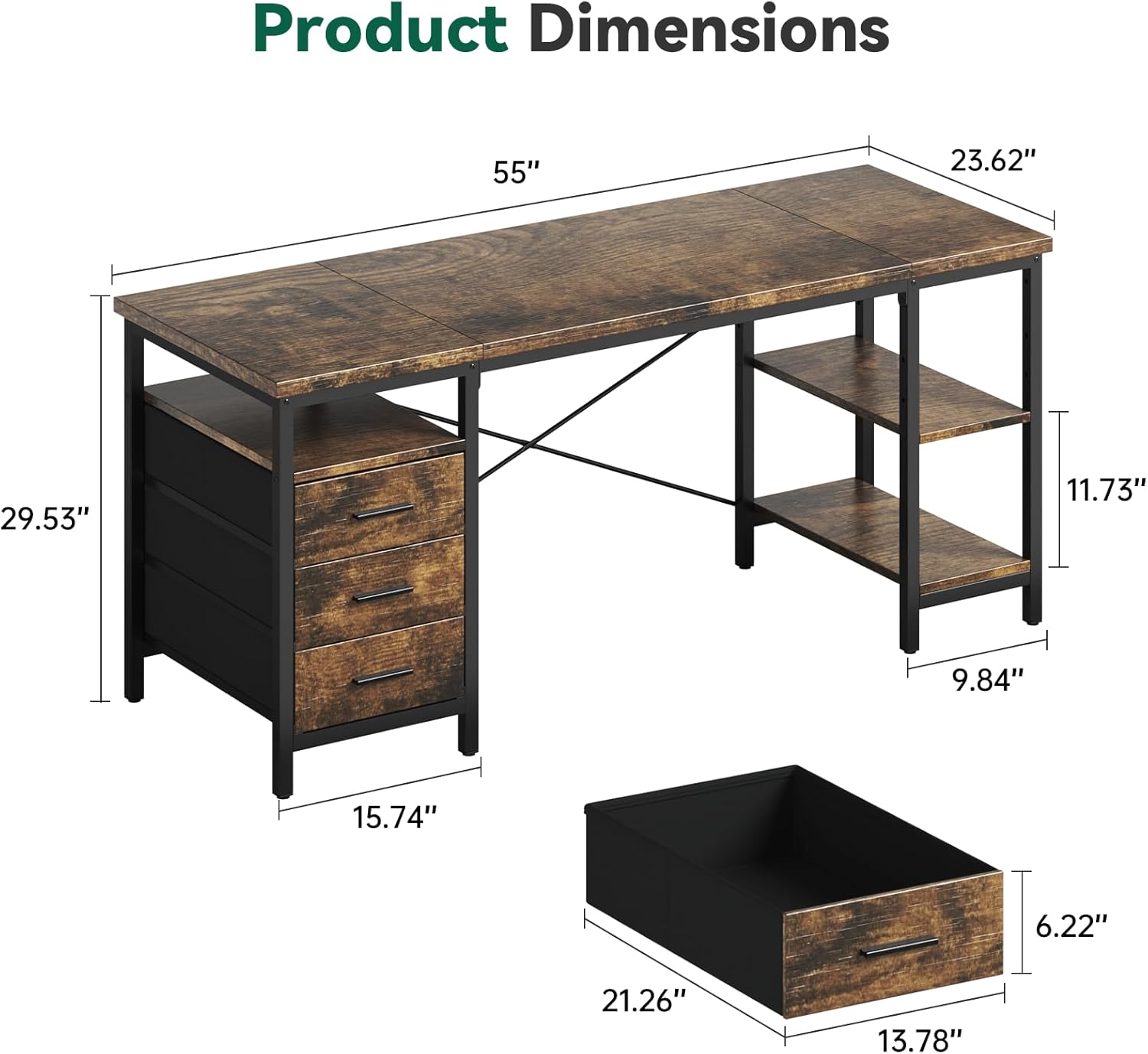 FTMZZ01 Schreibtisch mit Regal 120-160cm 3 Schubladen umkehrbar Computertisch Bürotisch