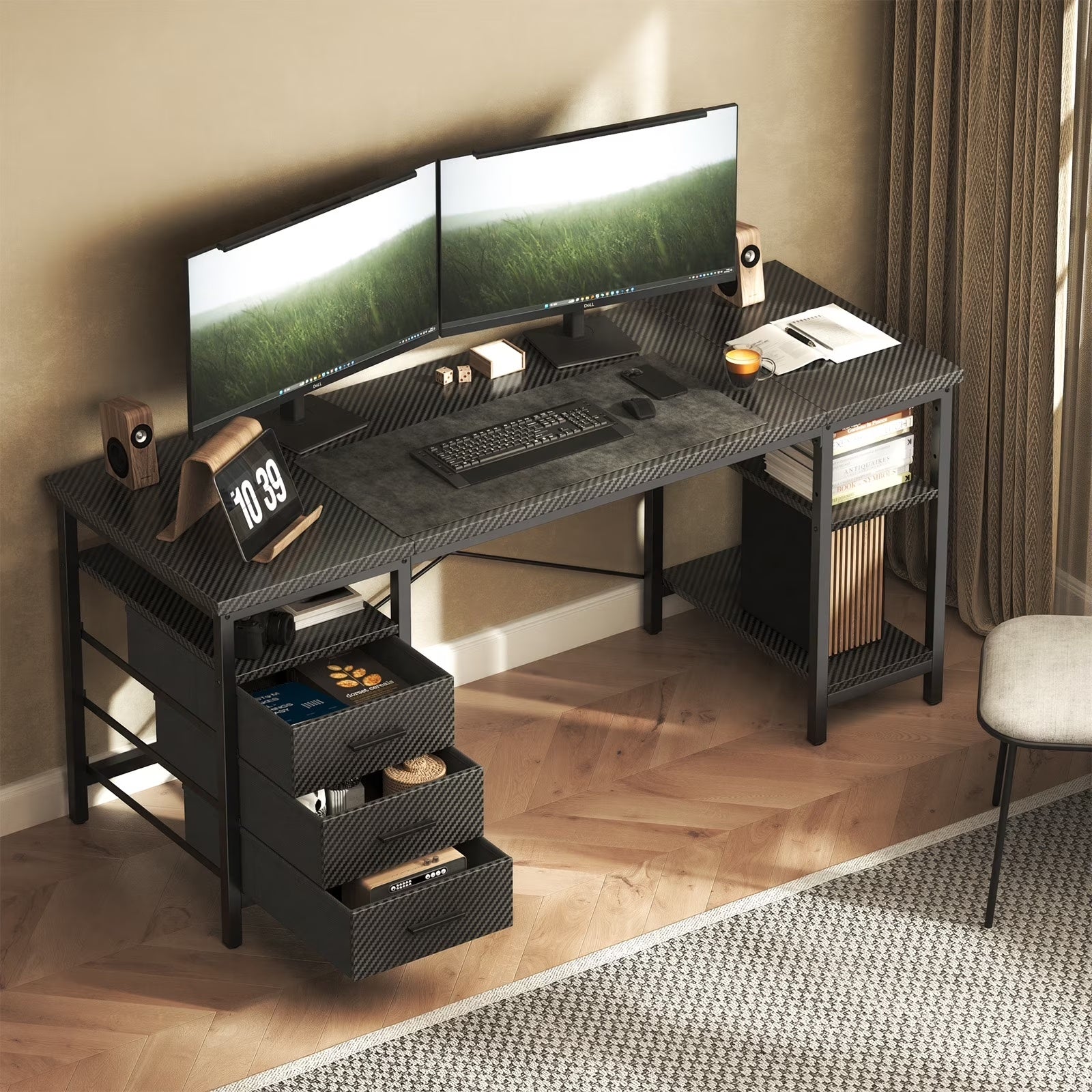 FTMZZ01 Schreibtisch mit Regal 120-160cm 3 Schubladen umkehrbar Computertisch Bürotisch
