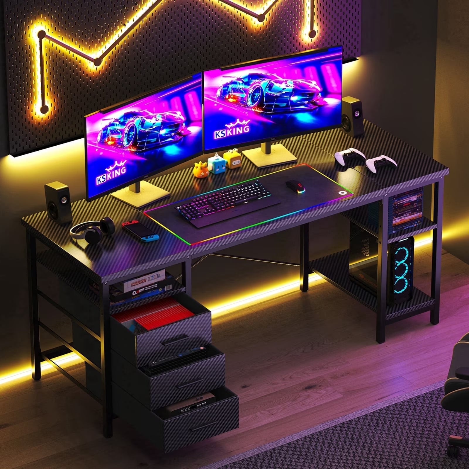 FTMZZ01 Schreibtisch mit Regal 120-160cm 3 Schubladen umkehrbar Computertisch Bürotisch