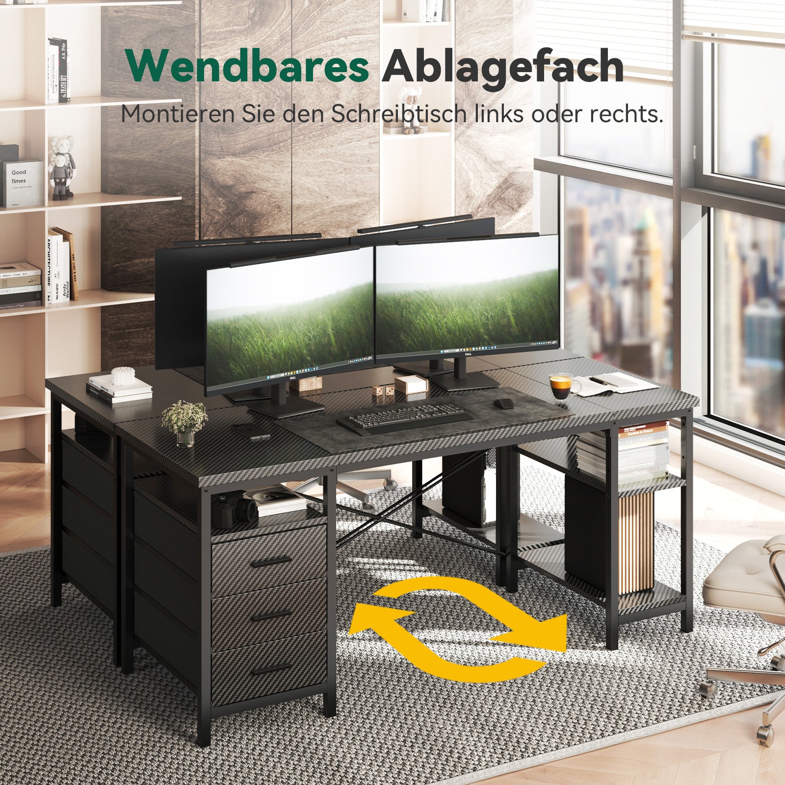 FTMZZ01 Schreibtisch mit Regal 120-160cm 3 Schubladen umkehrbar Computertisch Bürotisch