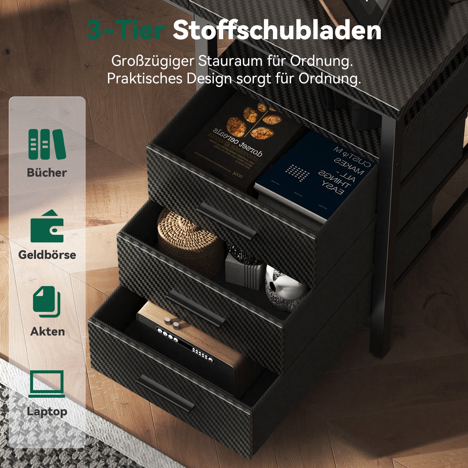 FTMZZ01 Schreibtisch mit Regal 120-160cm 3 Schubladen umkehrbar Computertisch Bürotisch