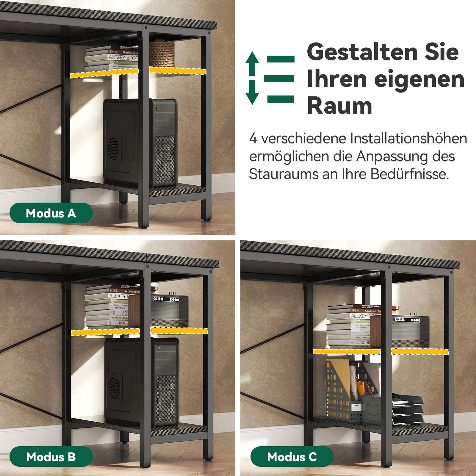 FTMZZ01 Schreibtisch mit Regal 120-160cm 3 Schubladen umkehrbar Computertisch Bürotisch