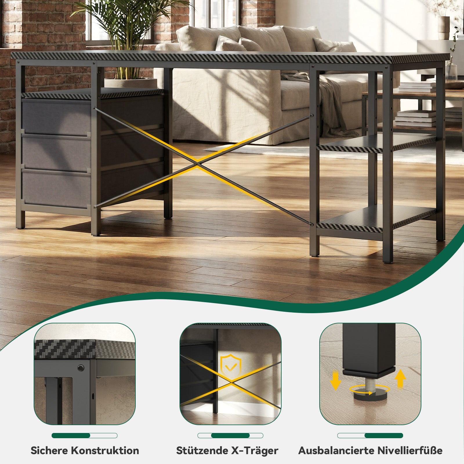 FTMZZ01 Schreibtisch mit Regal 120-160cm 3 Schubladen umkehrbar Computertisch Bürotisch
