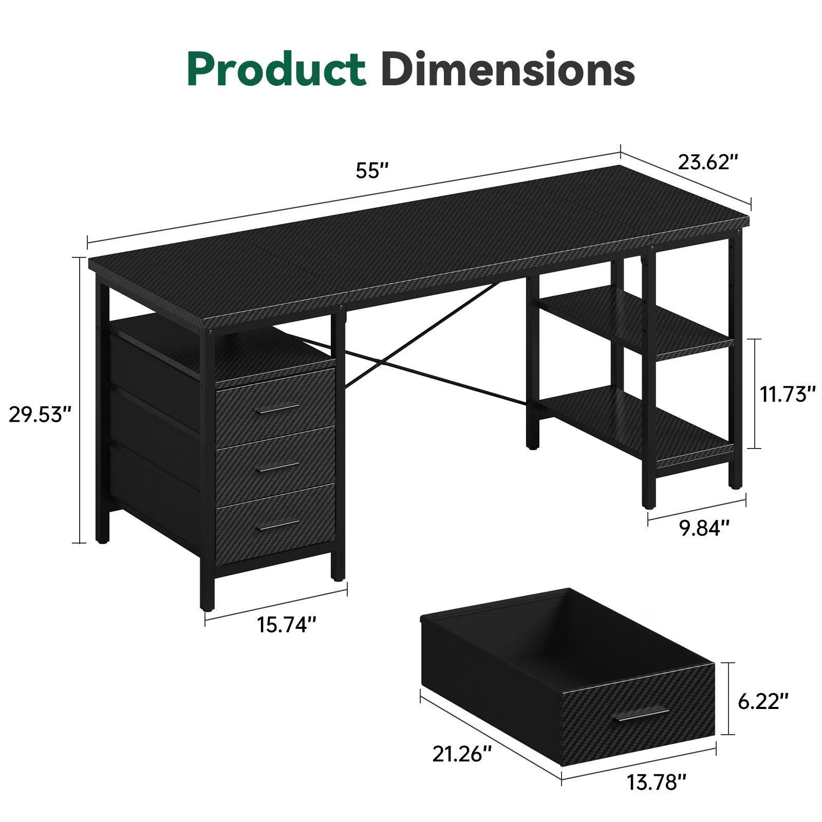 FTMZZ01 Schreibtisch mit Regal 120-160cm 3 Schubladen umkehrbar Computertisch Bürotisch