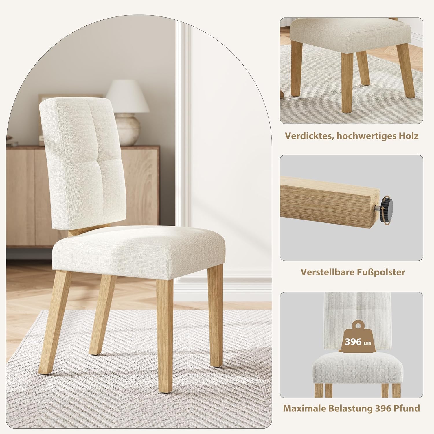 KMJY01 Esszimmerstühle 2er Set, Ergonomische Leinen Polsterstühle und verstärkter Struktur, Küchenstühle