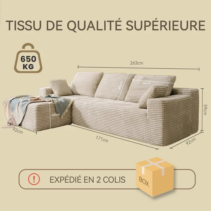 LHMSF01 Ecksofa Cord, Modulares Cloud Bodensofa ohne Aufbau, 263cm Couch L-Form