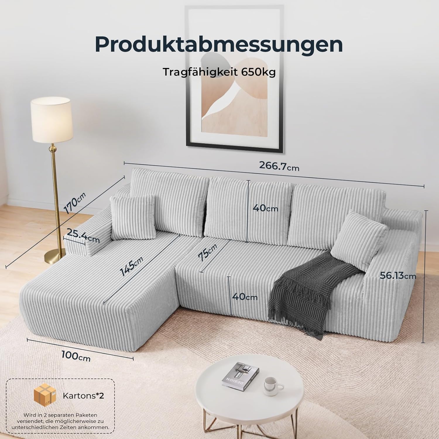LHMSF01 Wohnlandschaft L Form 267cm tiefe Sitzfläche Cloud Sofa Cord Ecksofa