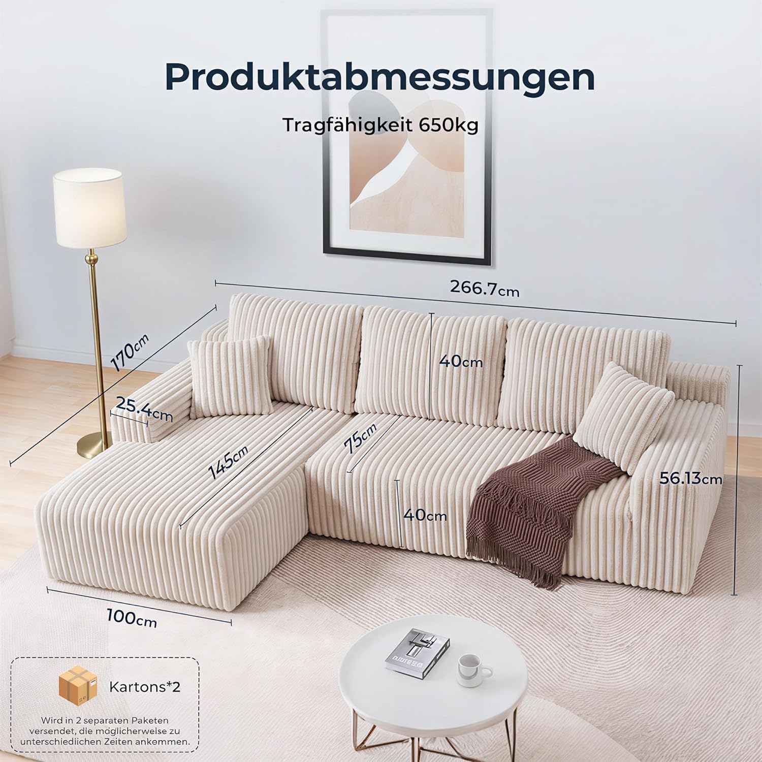 LHMSF01 Ecksofa mit Schlaffunktion 267cm montagefrei Cord Wohnlandschaft modulares Sofa