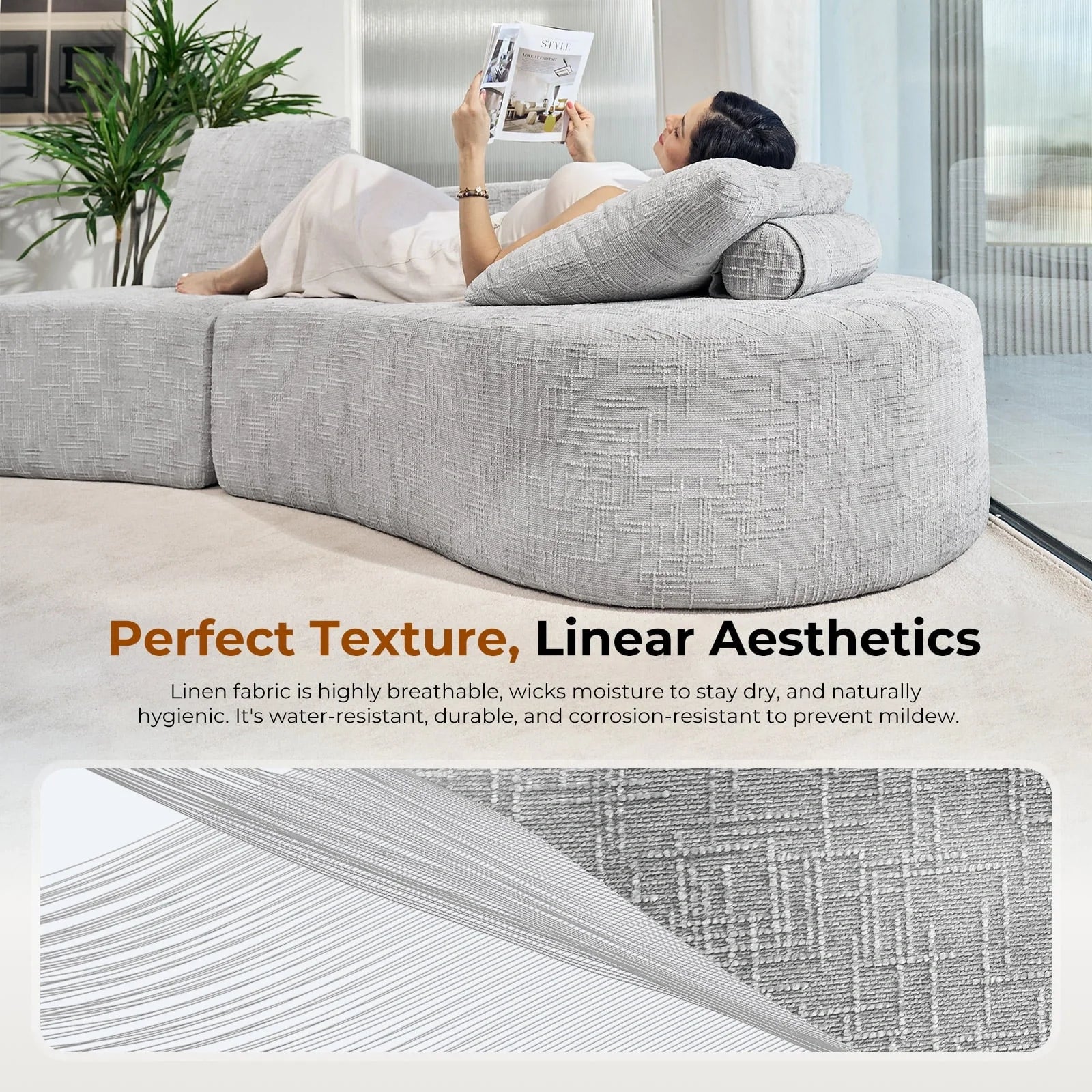 LHMSF03 Sofa extra tiefe Sitzfläche 250cm montagefrei Leinen modulares Megasofa