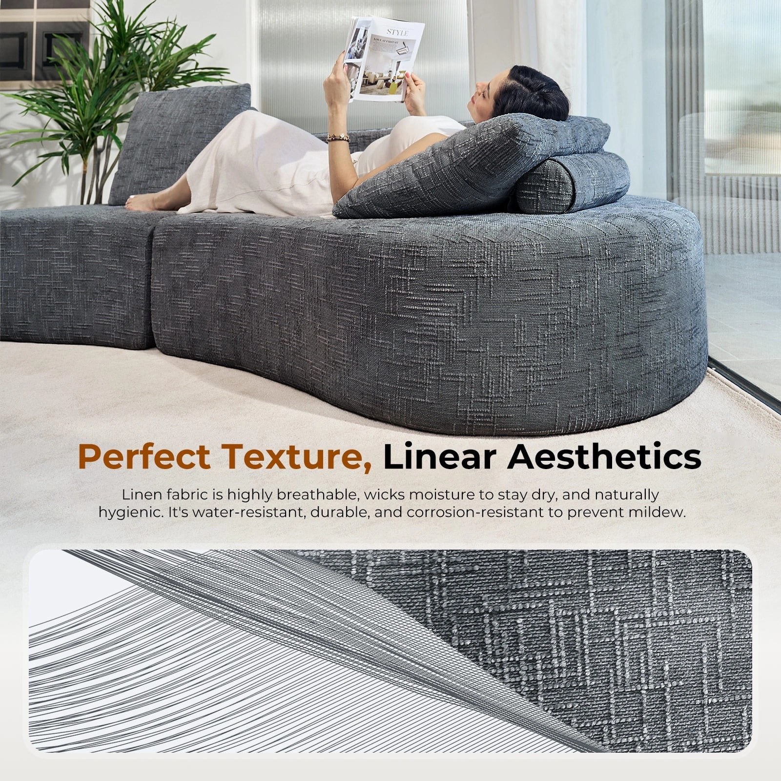 LHMSF03 Sofa extra tiefe Sitzfläche 250cm montagefrei Leinen modulares Megasofa