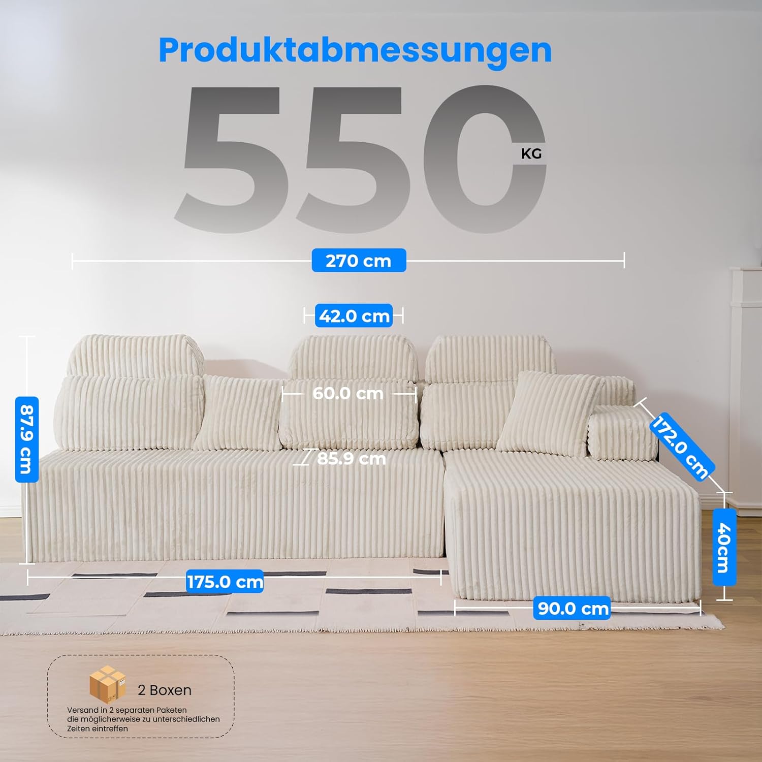 LHMSF08 Wohnlandschaft L Form 270cm hohe Rückenlehne Cord Ecksofa Schlafsofa