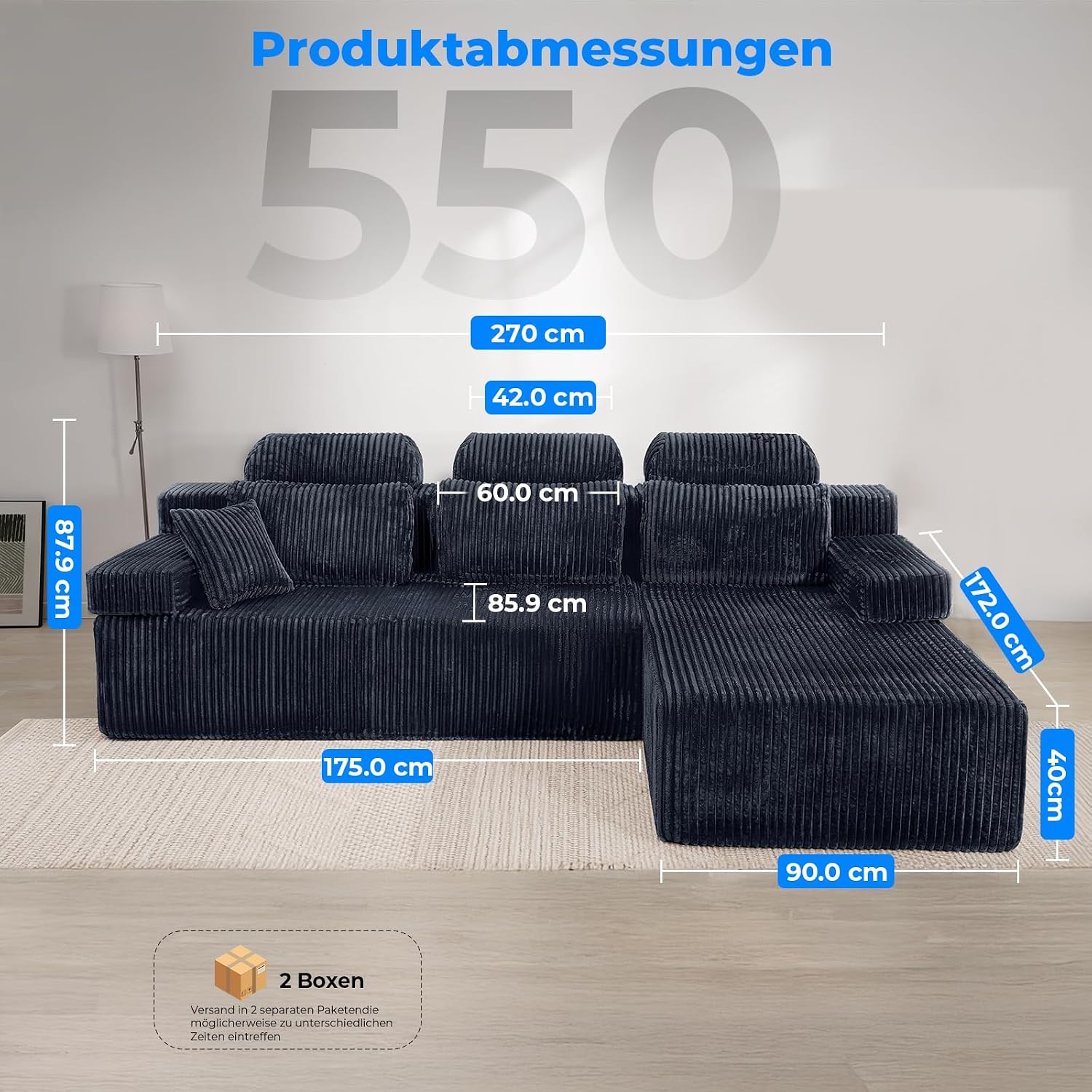 LH08 Wohnlandschaft L Form 270cm hohe Rückenlehne Cord Ecksofa Schlafsofa