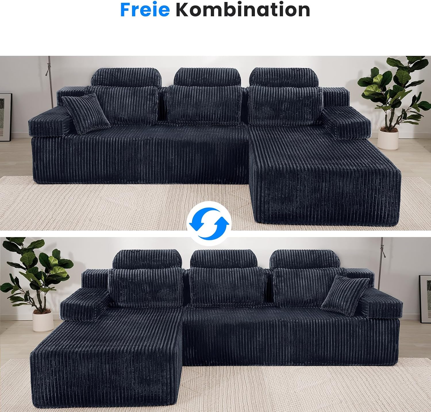 LH08 Wohnlandschaft L Form 270cm hohe Rückenlehne Cord Ecksofa Schlafsofa