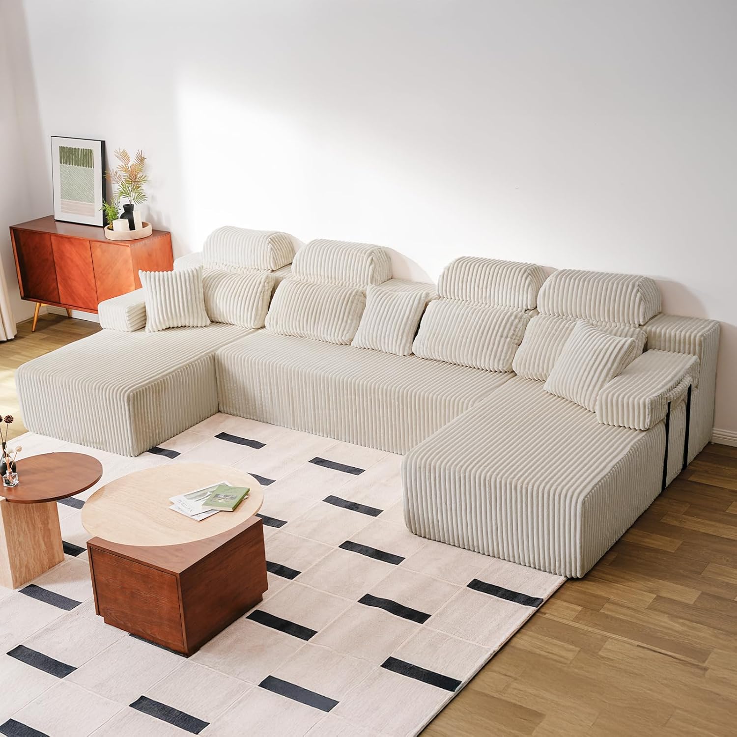 LHMSF09 Wohnlandschaft mit Schlaffunktion U Form 358cm montagefrei hohe Rückenlehne Cord