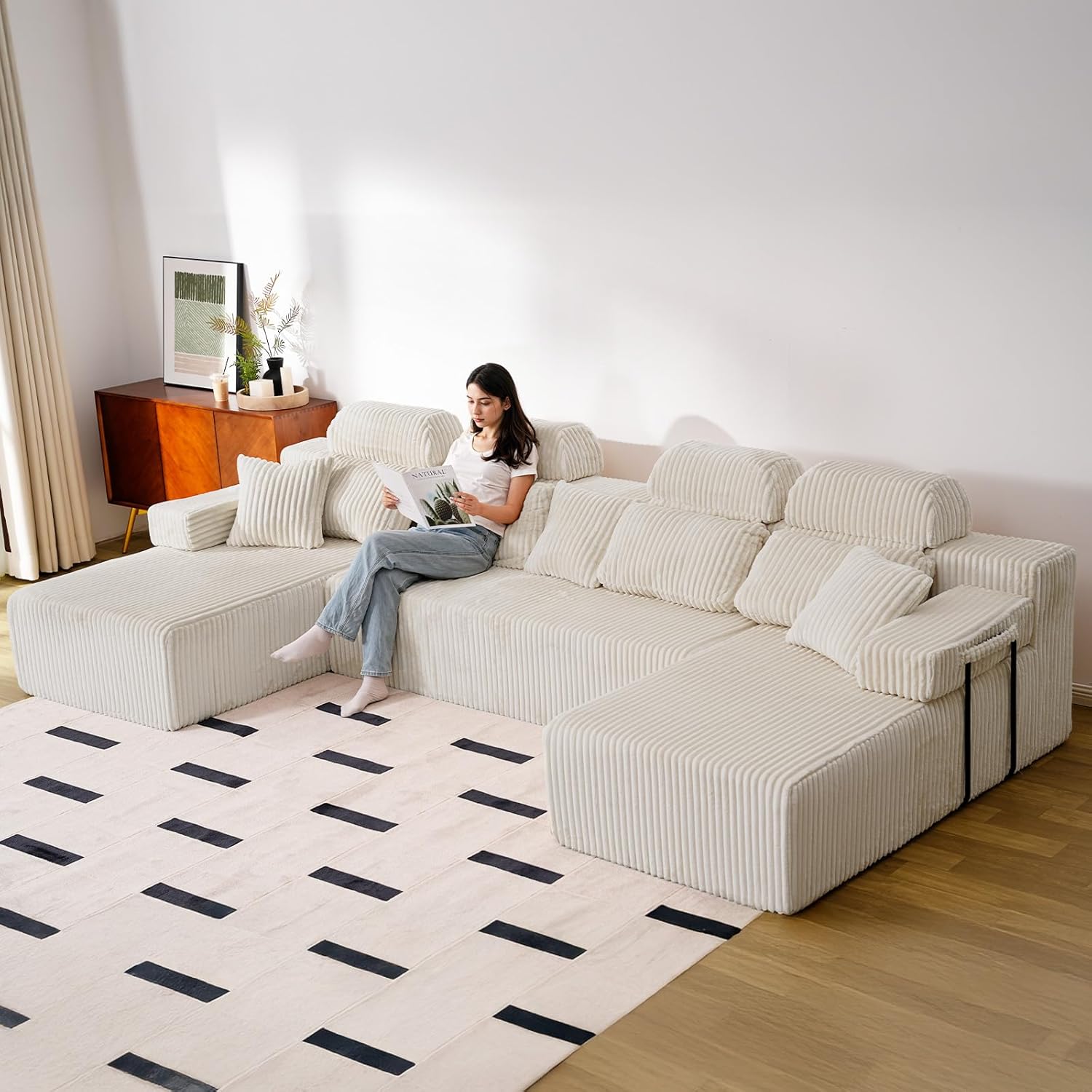 LHMSF09 Wohnlandschaft mit Schlaffunktion U Form 358cm montagefrei hohe Rückenlehne Cord