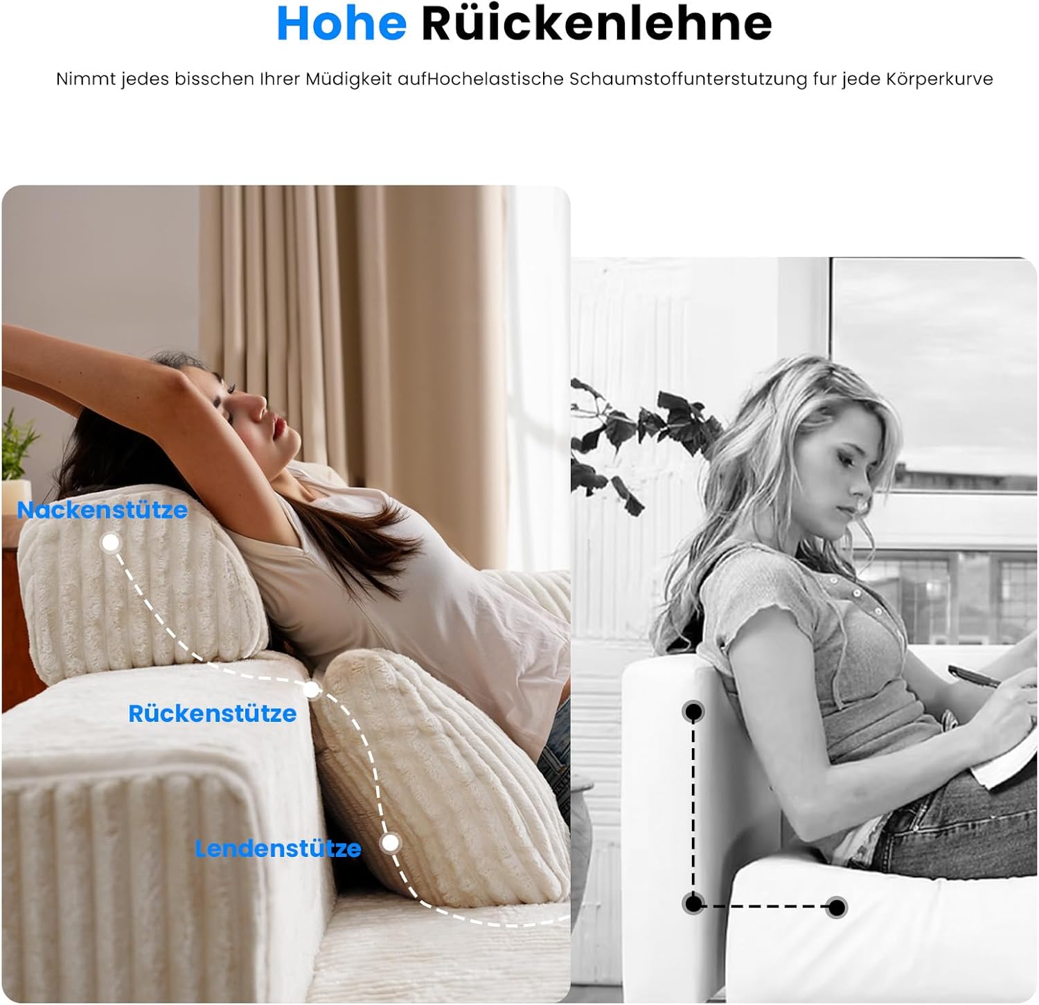 LH09 Wohnlandschaft mit Schlaffunktion U Form 358cm montagefrei hohe Rückenlehne Cord