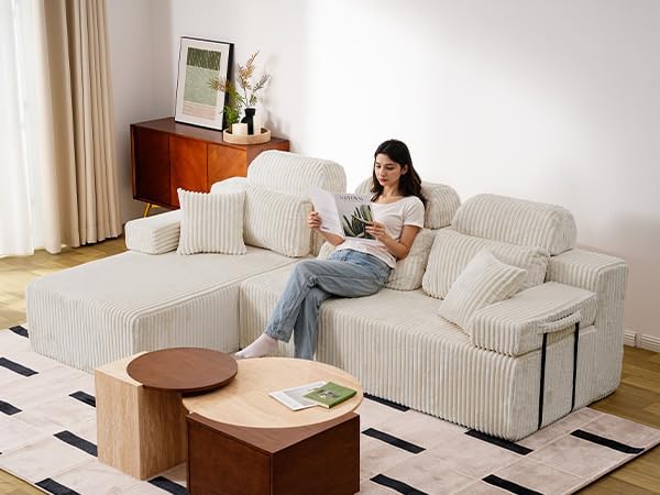LH09 Wohnlandschaft mit Schlaffunktion U Form 358cm montagefrei hohe Rückenlehne Cord