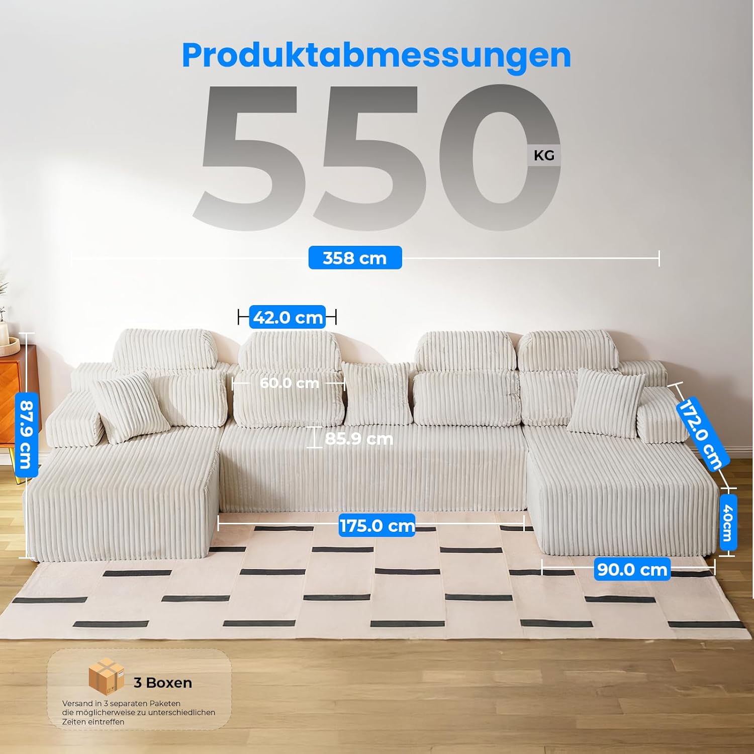 LH09 Wohnlandschaft mit Schlaffunktion U Form 358cm montagefrei hohe Rückenlehne Cord